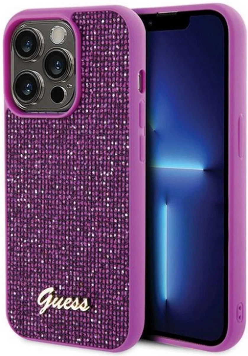 Rhinestones Script Logo Back Case - Geschikt voor Apple iPhone 15 Pro Max (6.7") fra Guess i Fuchsia – produktbillede