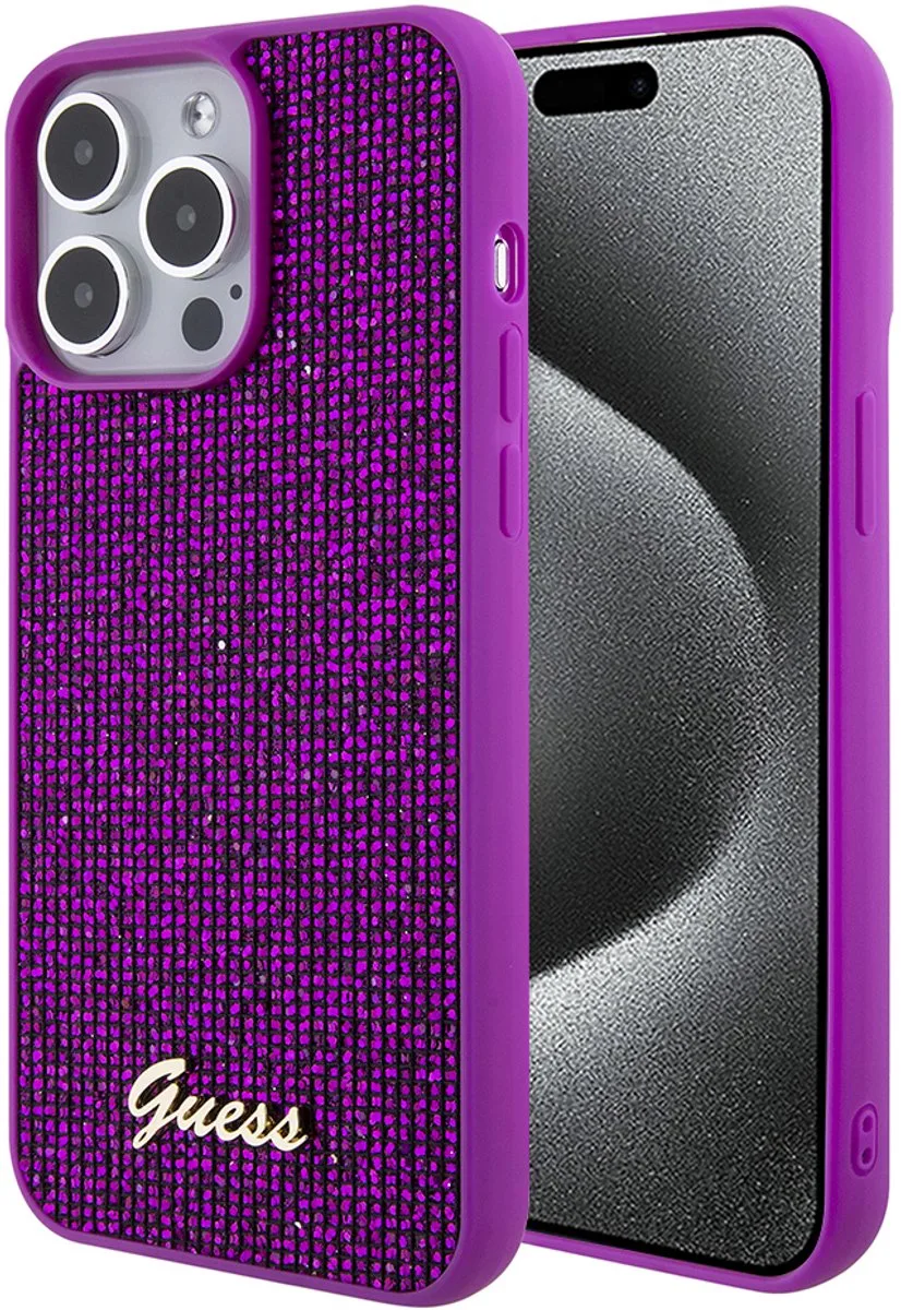 Rhinestones Script Logo Back Case - Geschikt voor Apple iPhone 15 Pro (6.1") fra Guess i Fuchsia – produktbillede