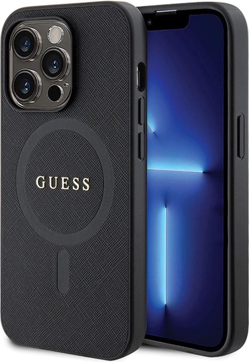 Saffiano Back Case (MagSafe Compatible) - Geschikt voor Apple iPhone 14 Pro Max (6.7") de Guess en Noir – photo produit