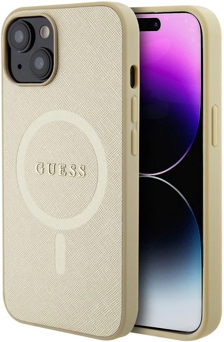 Saffiano Back Case (MagSafe Compatible) - Geschikt voor Apple iPhone 15 (6.1") von Guess in Gold – Produktfoto