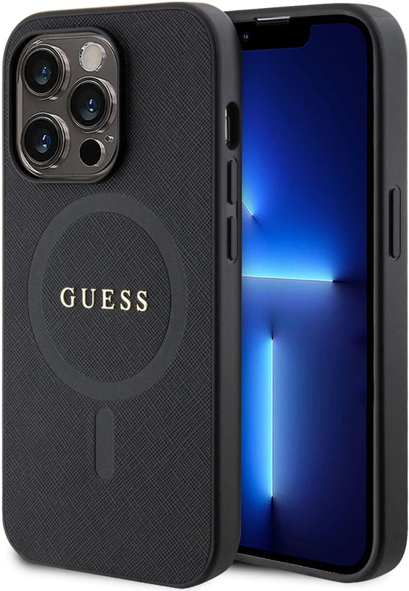 Saffiano Back Case (MagSafe Compatible) - Geschikt voor Apple iPhone 14 Pro (6.1") de Guess en Noir – photo produit