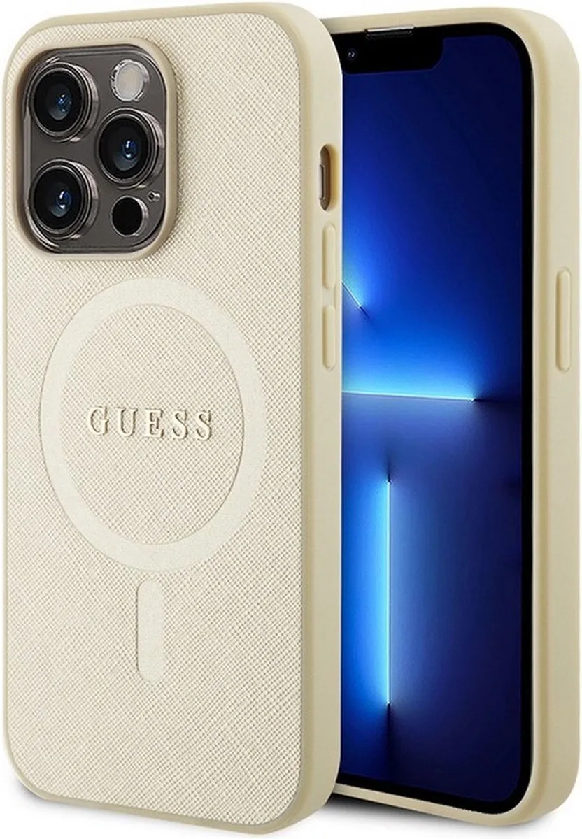 Saffiano Back Cover (MagSafe Compatible) - Geschikt voor Apple iPhone 15 Pro Max (6.7") fra Guess i Guld – produktbillede