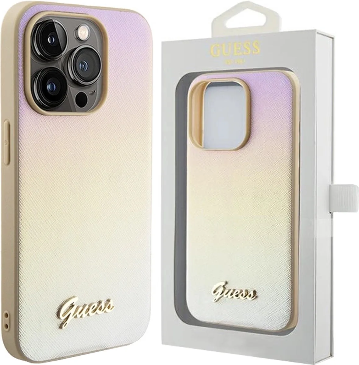 Saffiano - Iridescent Script hoesje voor iPhone - 14 - Pro - Max de Guess en Or – photo produit