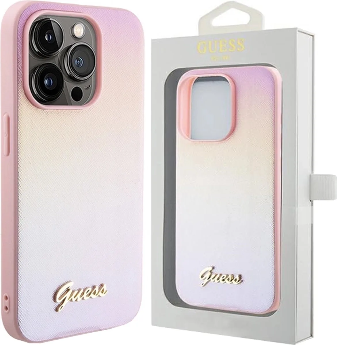 Saffiano - Iridescent Script hoesje voor iPhone - 14 - Pro - Max fra Guess i Lyserød – produktbillede