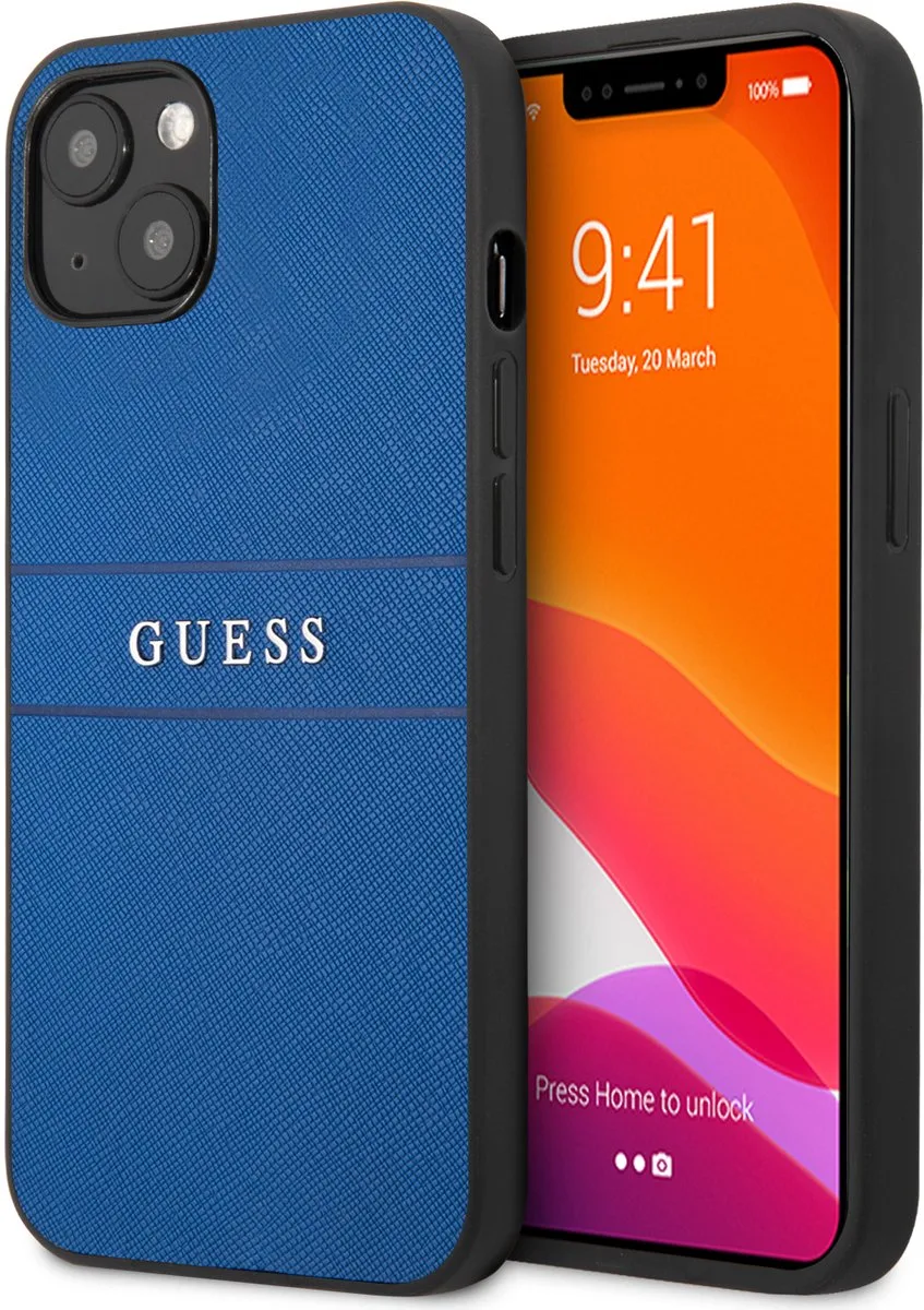 Saffiano PU leren Backcase Geschikt Voor iPhone 13 hoesje fra Guess i Blå – produktbillede