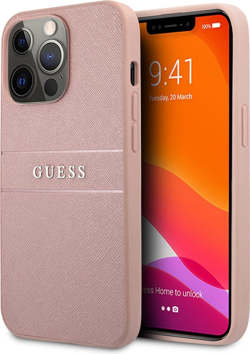 Saffiano PU leren Backcase geschikt voor iPhone 13 Pro Max hoesje de Guess en Rose – photo produit