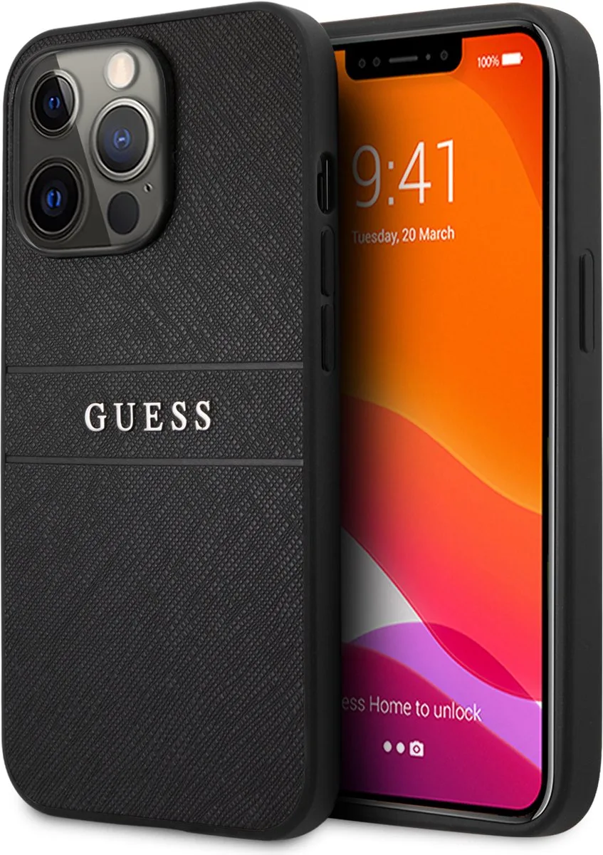 Saffiano PU leren Backcase geschikt voor iPhone 13 Pro Max hoesje de Guess en Noir – photo produit