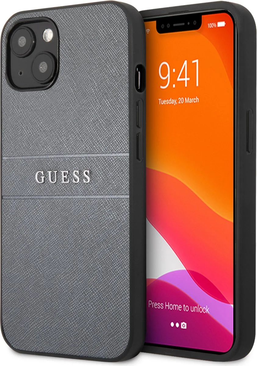 Saffiano PU leren Backcase iPhone 13 hoesje de Guess en Gris – photo produit