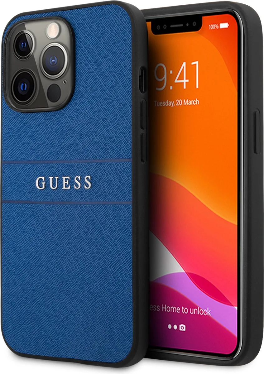 Saffiano PU leren Backcase iPhone 13 Pro hoesje Blauw fra Guess i Universeel – produktbillede