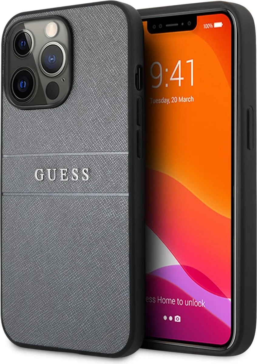 Saffiano PU leren Backcase iPhone 13 Pro Max hoesje de Guess en Gris – photo produit