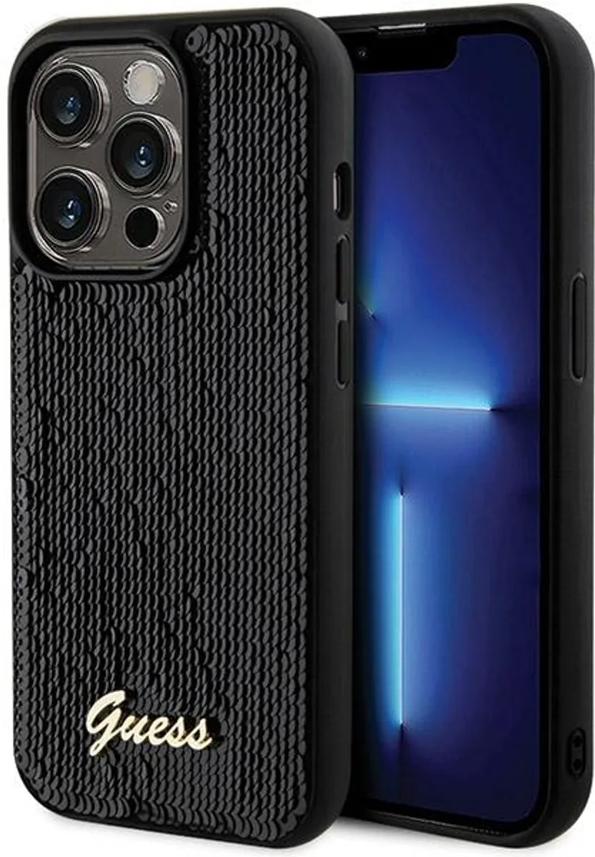 Sequin Script Metal Serie - iPhone 13 Hoesje - Zwarten Metalen Accenten - Luxe Bescherming fra Guess i Sort – produktbillede