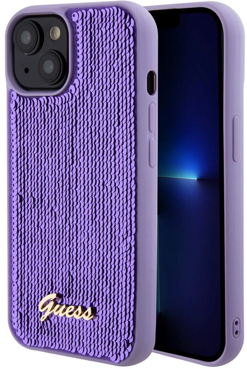 Sequins Script Logo Back Case - Apple iPhone 15 Plus (6.7") - Zwart från Guess i Lila – produktbild