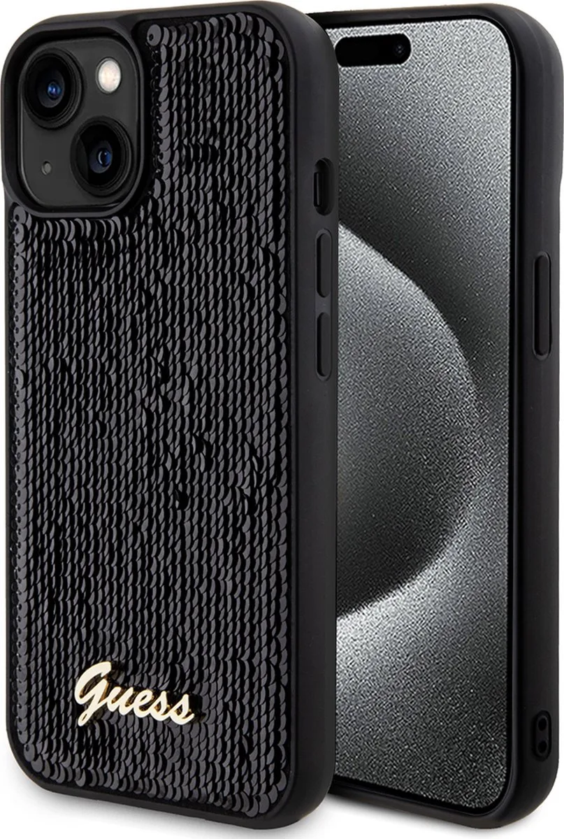 Sequins Script Logo Back Case - Geschikt voor Apple iPhone 15 (6.1") från Guess i Svart – produktbild