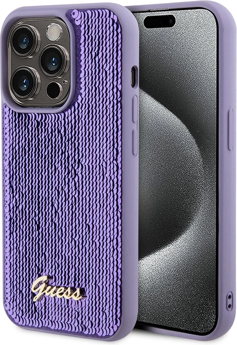 Sequins Script Logo Back Case - Geschikt voor Apple iPhone 15 Pro Max (6.7") von Guess in Lila – Produktfoto