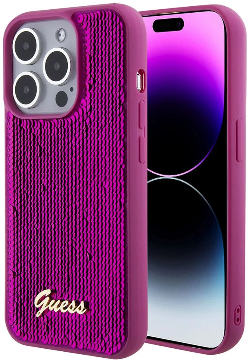 Sequins Script Logo Back Case - Geschikt voor Apple iPhone 15 Pro Max (6.7") de Guess en Magenta – photo produit
