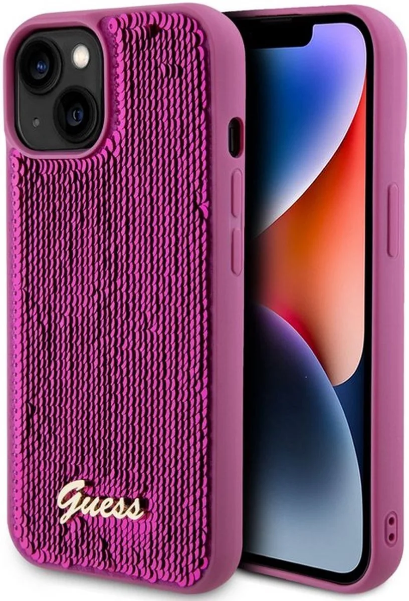 Sequins Script Logo Back Case - Geschikt voor Apple iPhone 15 (6.1") de Guess en Magenta – photo produit