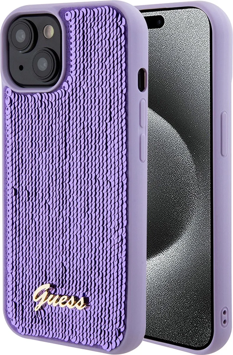 Sequins Script Logo Back Case - Geschikt voor Apple iPhone 15 (6.1") de Guess en Violet – photo produit