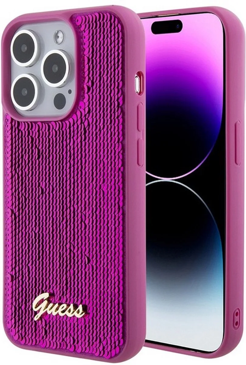 Sequins Script Logo Back Case - Geschikt voor Apple iPhone 15 Pro (6.1") de Guess en Magenta – photo produit