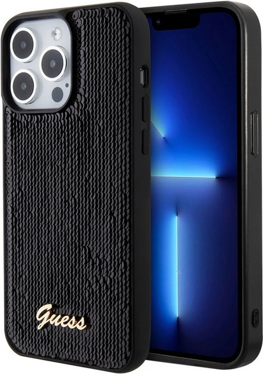 Sequins Script Logo Back Case - Geschikt voor Apple iPhone 15 Pro (6.1") von Guess in Schwarz – Produktfoto