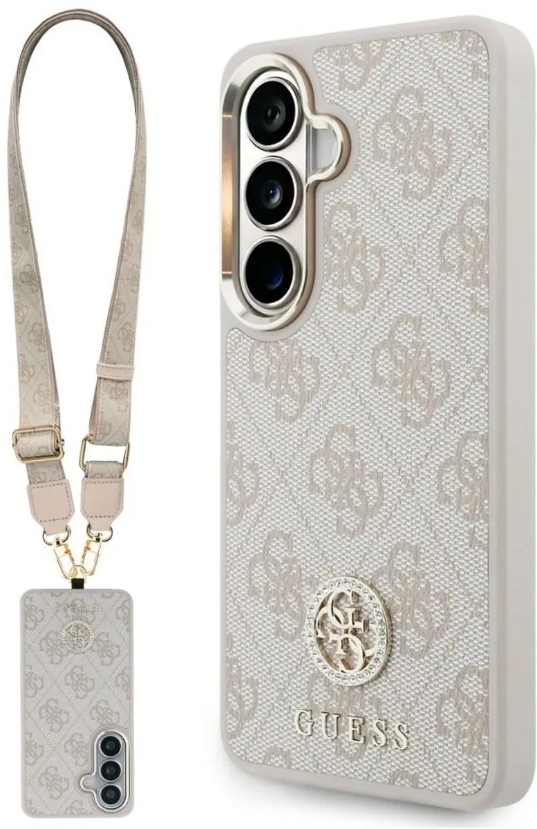 Set Hoesje + Koord Guess 4G Big Rhinestone Triangle Strap MagSafe voor Samsung Galaxy S26 fra Guess i Lyserød – produktbillede