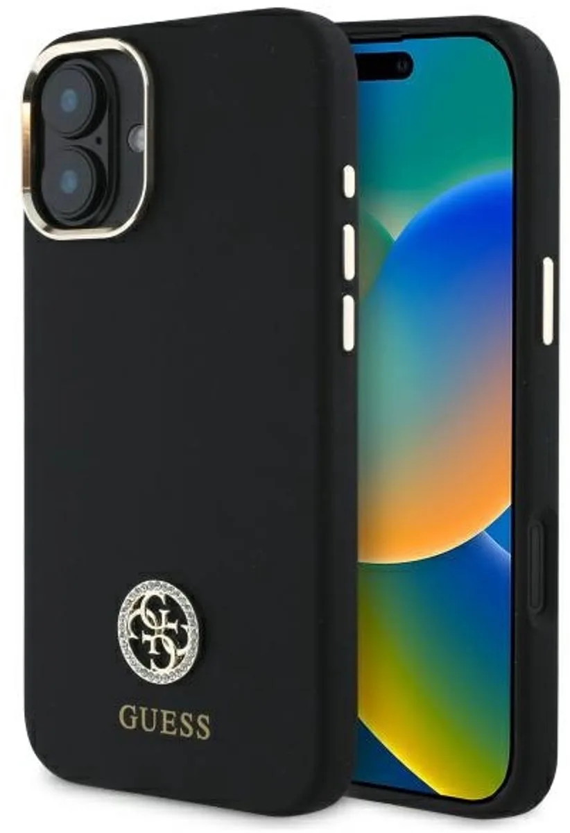 Silicone Logo Strass Serie - Hoesje voor iPhone 16 - Elegant Design - Bescherming van Guess in Zwart – productfoto