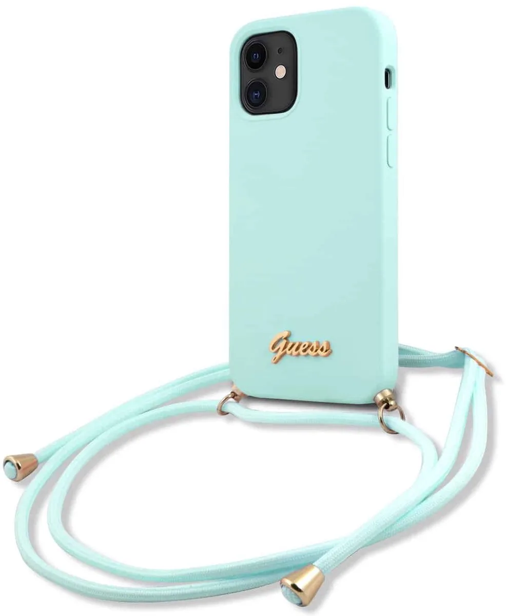 Silicone Metal Logo Back Case met Koord - Geschikt voor Apple iPhone 12 Mini (5.4") van Guess in Blauw – productfoto