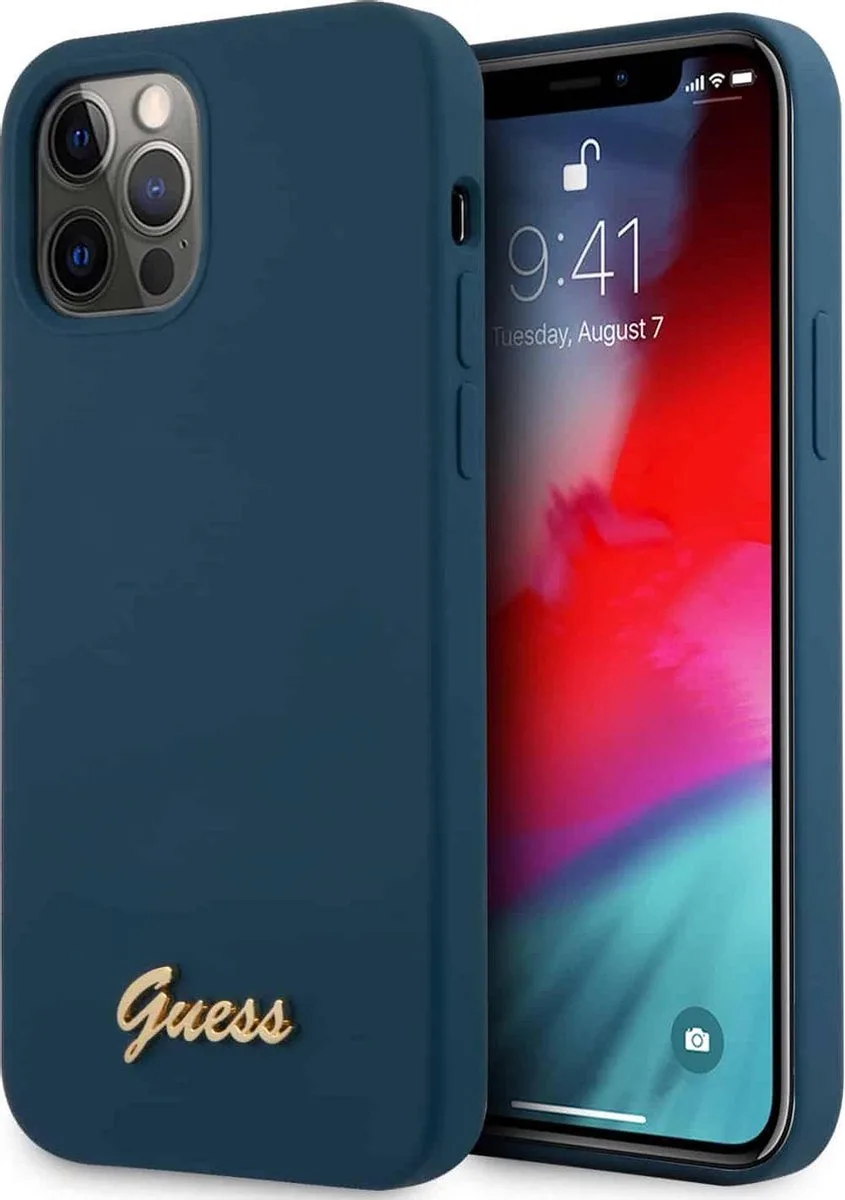 Silicone Metal Script Back Case - Geschikt voor Apple iPhone 12 Pro Max (6.7") van Guess in Blauw – productfoto