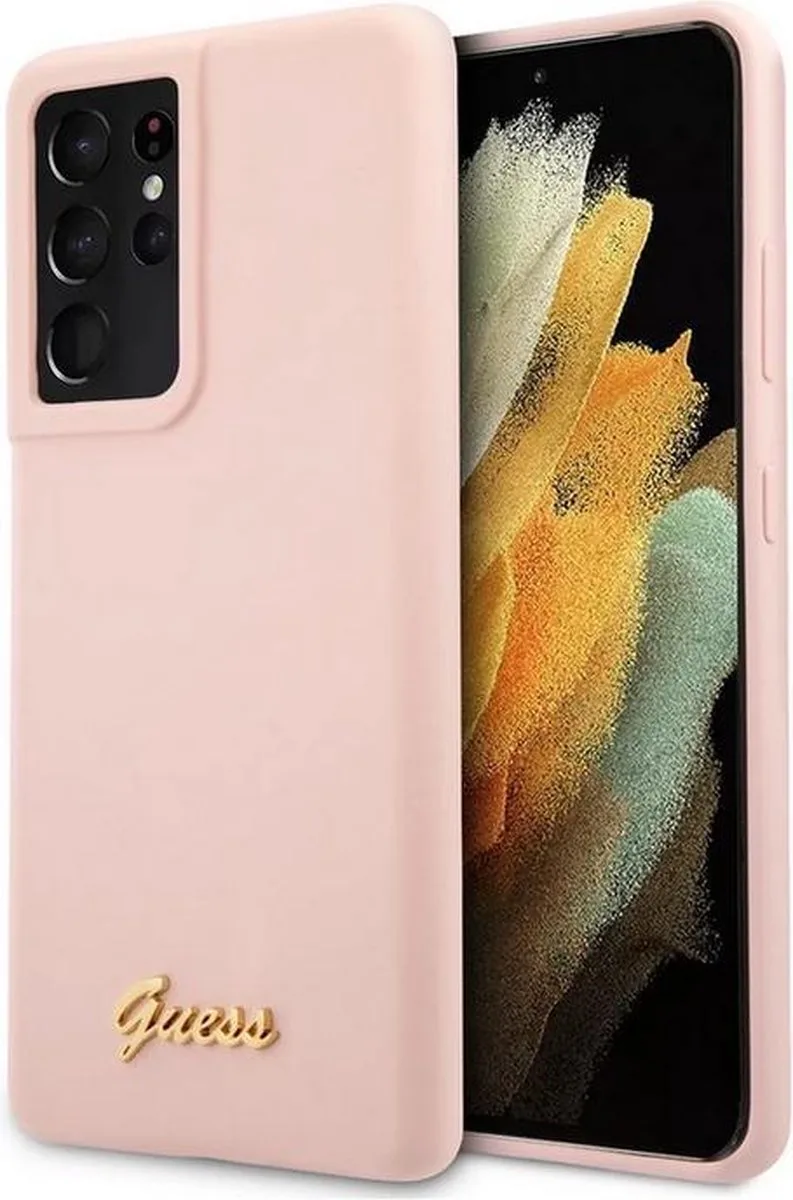 Silicone Retro Back Cover - Geschikt voor Samsung Galaxy S21 Ultra van Guess in Roze – productfoto