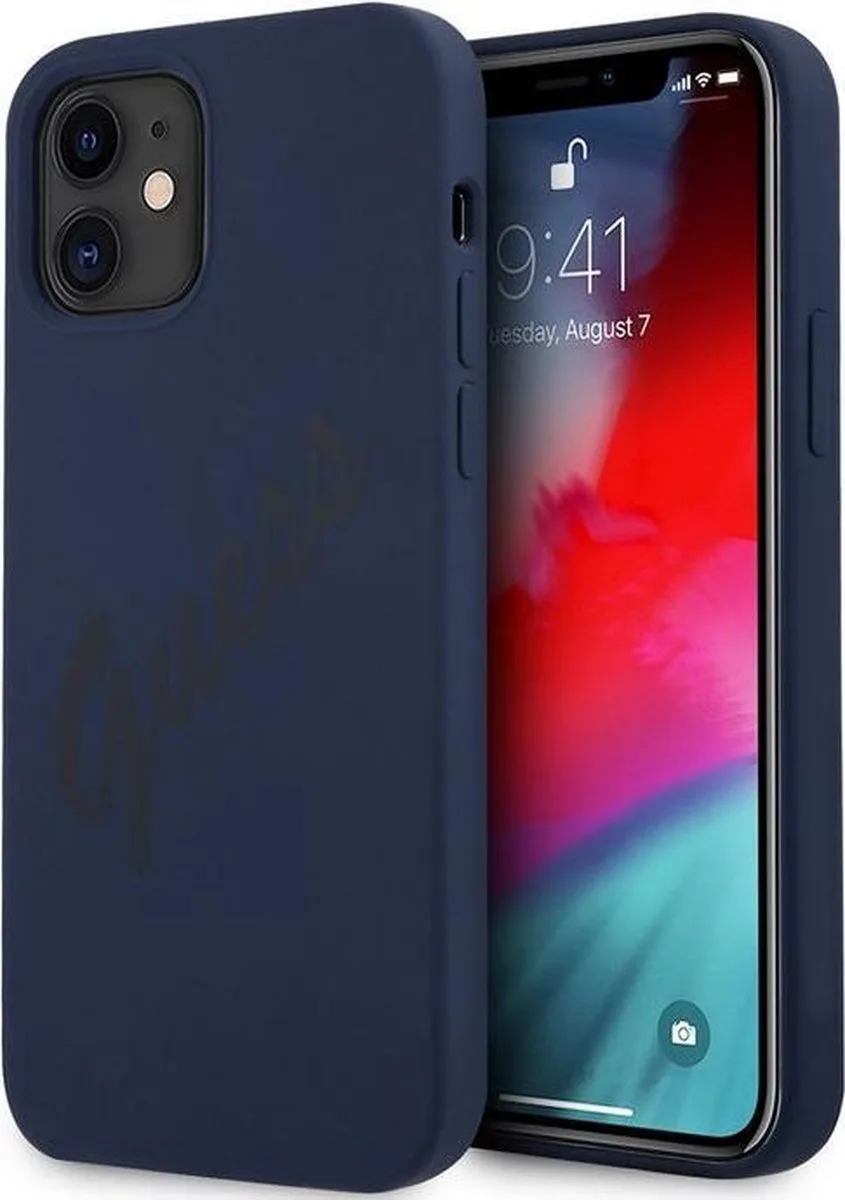 Silicone Vintage Back Cover - Geschikt voor Apple iPhone 12 Mini de Guess en Bleu – photo produit