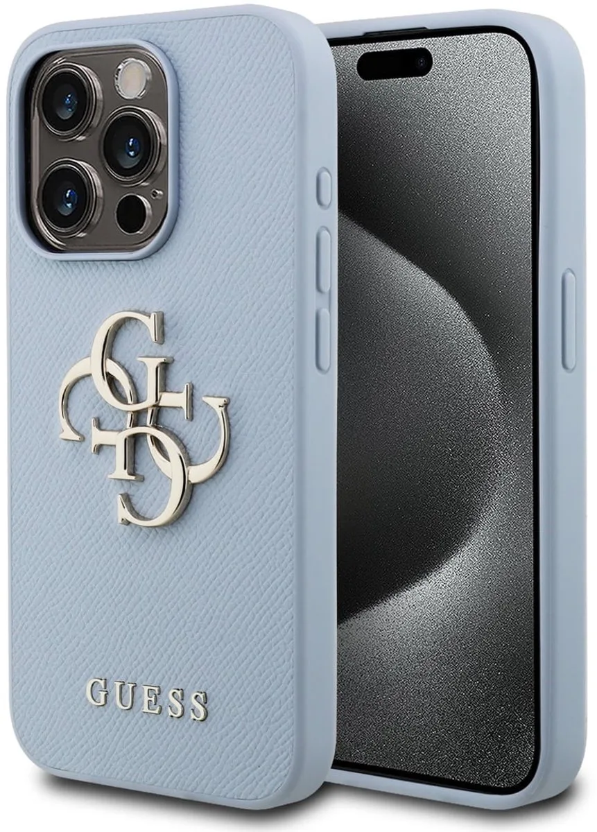 telefoonhoesje voor iPhone 15 Pro - getextureerd PU van Guess in Blauw – productfoto