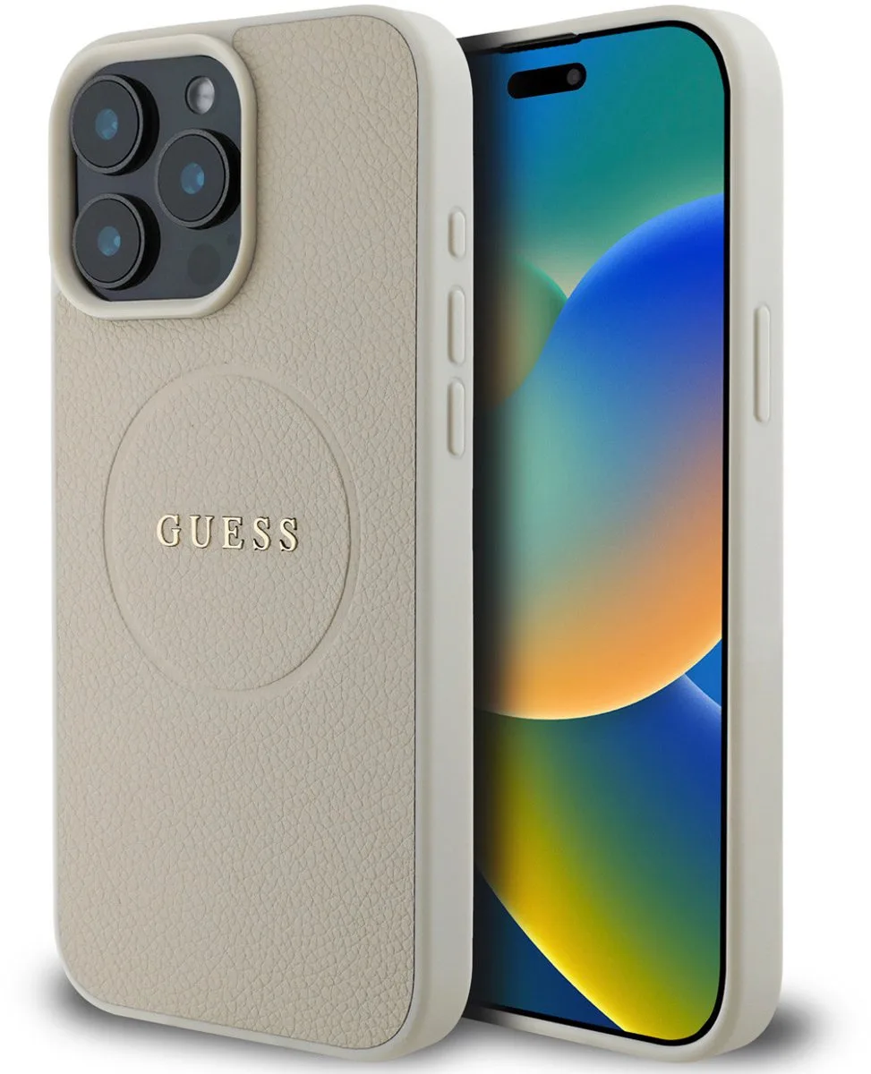 telefoonhoesje voor iPhone 15 Pro Max - PU met korreltextuur de Guess en Beige – photo produit
