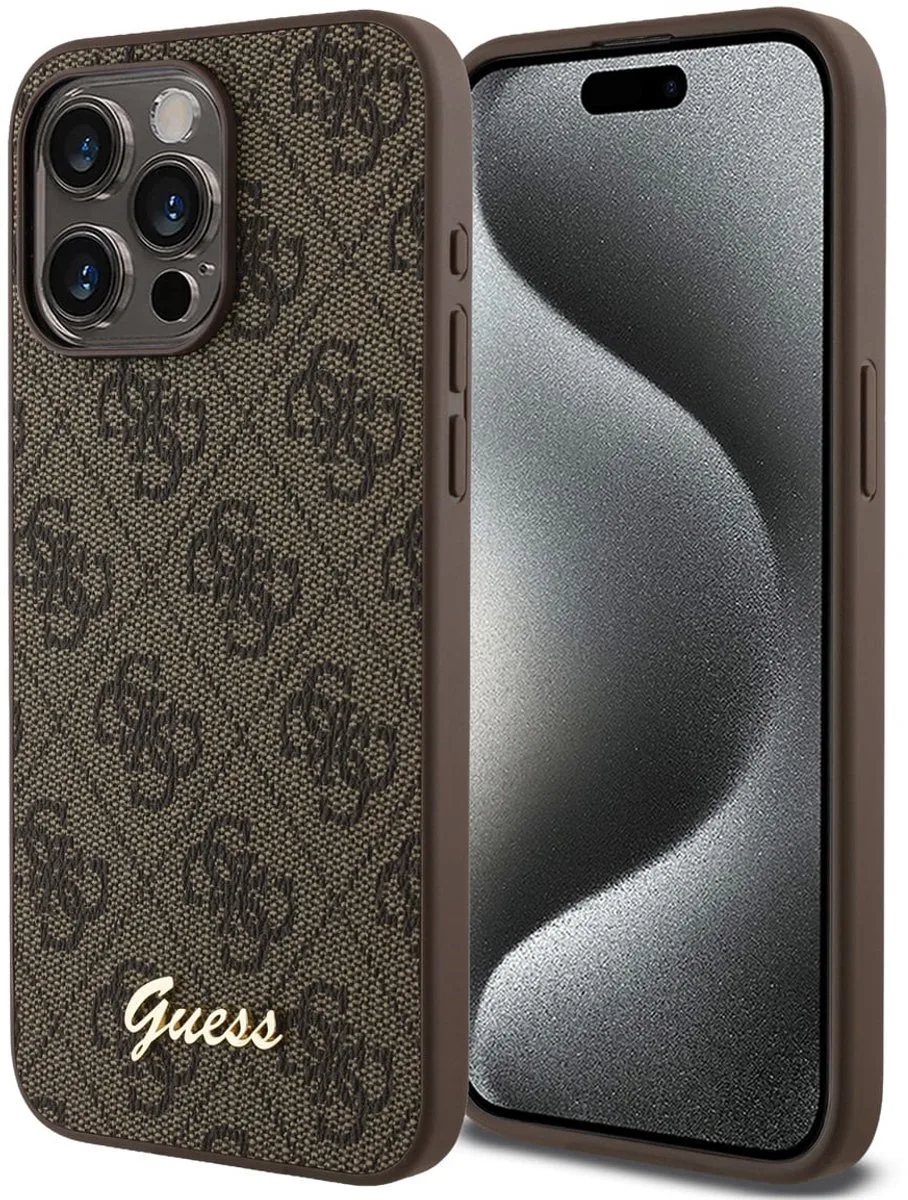 telefoonhoesje voor iPhone 15 Pro Max - stijlvol monogramdesign de Guess en Marron – photo produit