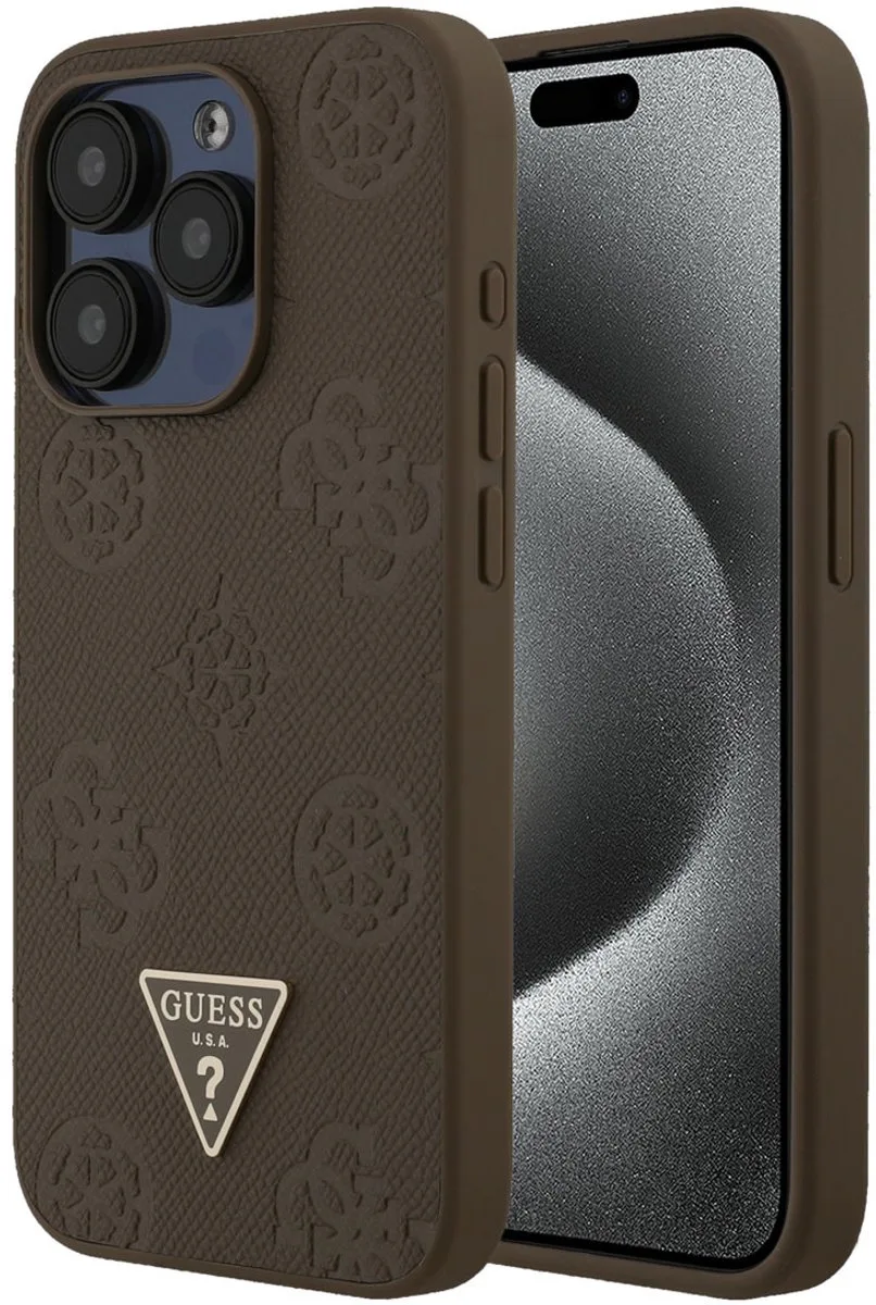 telefoonhoesje voor iPhone 15 Pro - slanke PU-bescherming de Guess en Marron – photo produit