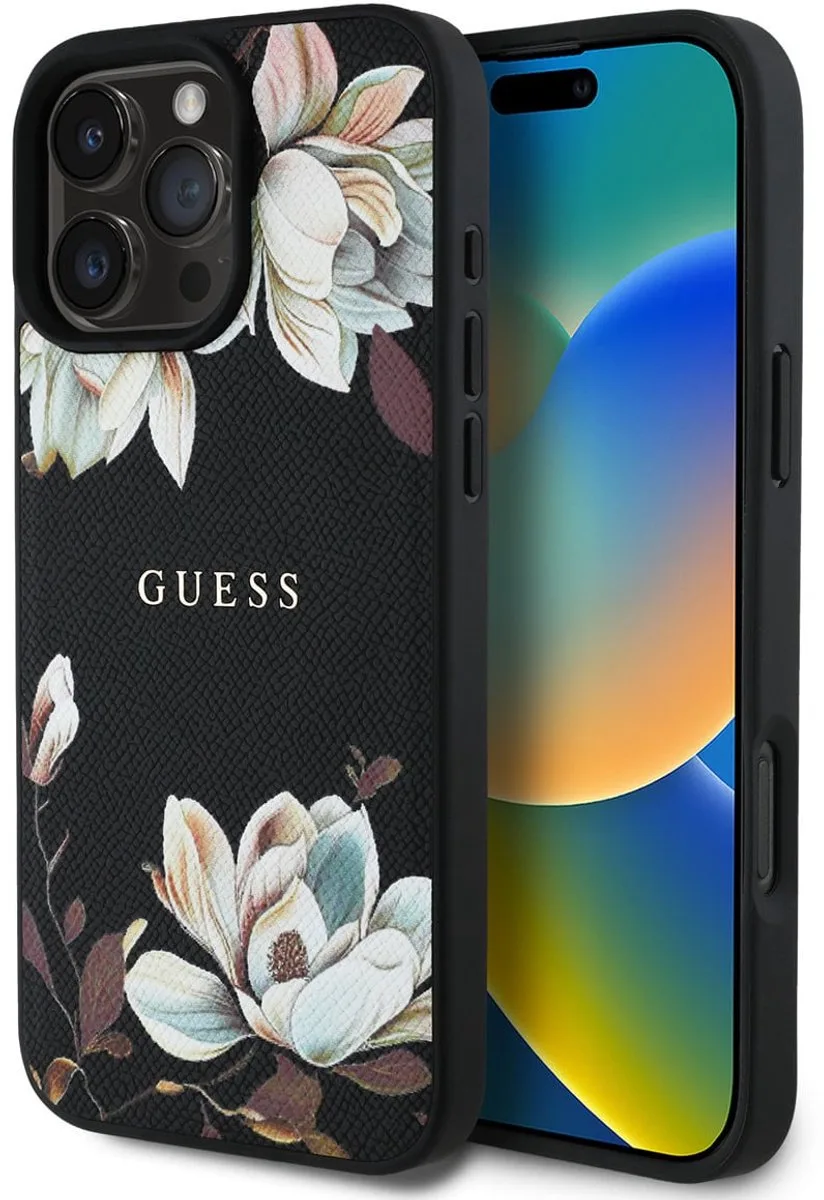 telefoonhoesje voor iPhone 16 Pro Max - bloemenontwerp van Guess in Zwart – productfoto