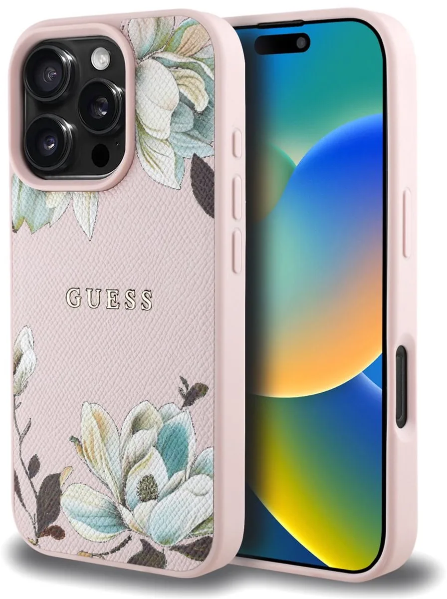telefoonhoesje voor iPhone 16 Pro Max - getextureerd PU van Guess in Roze – productfoto