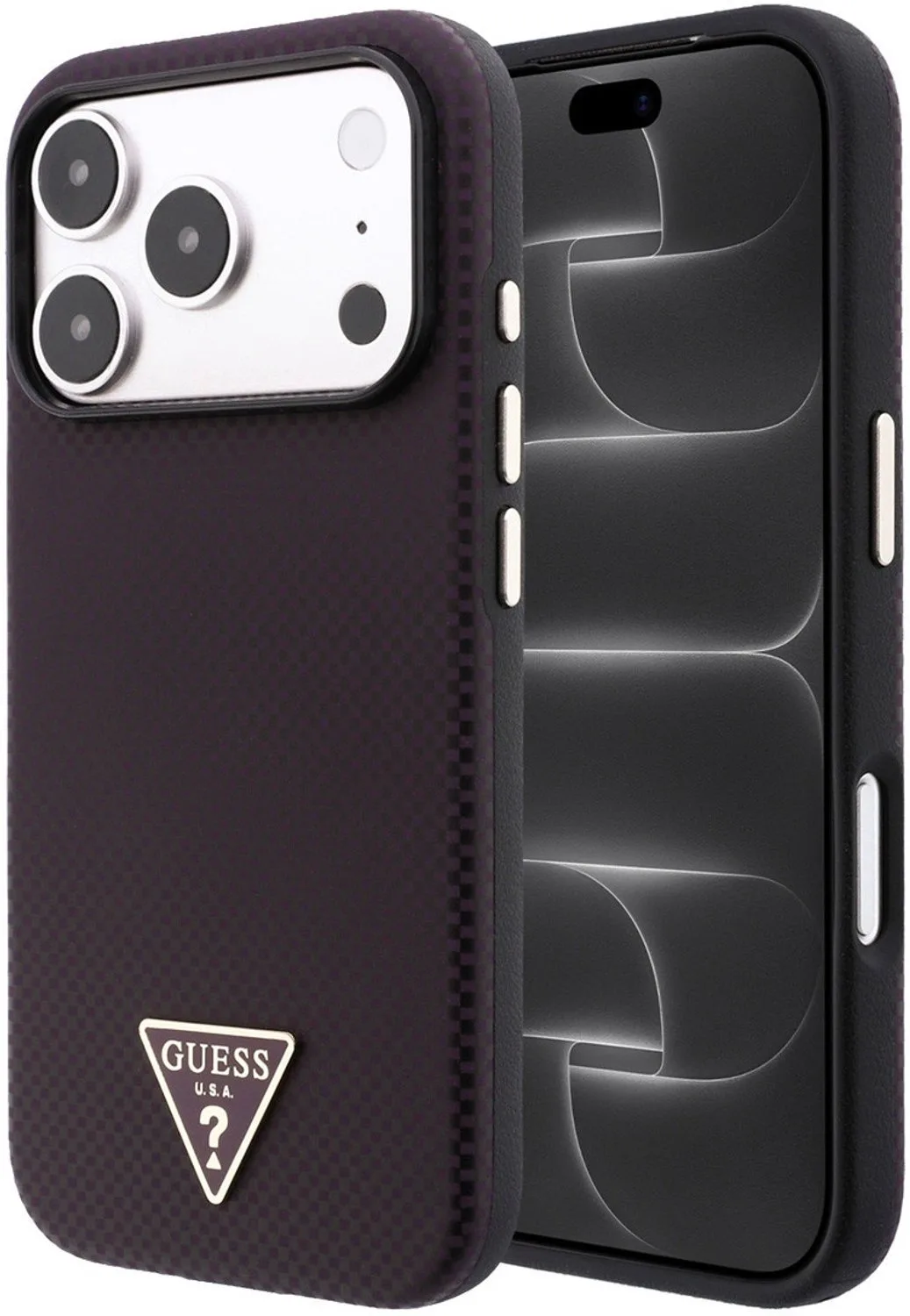 telefoonhoesje voor iPhone 18 Pro / 17 Pro - MagSafe met driehoekig logo - Zwart/Bordeaux van Guess in Burgundy – productfoto