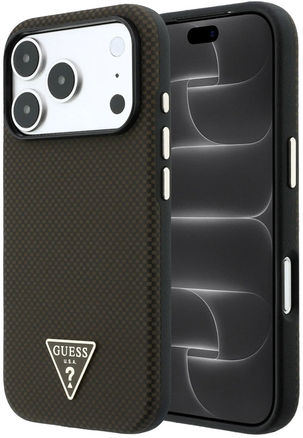 telefoonhoesje voor iPhone 18 Pro / 17 Pro - MagSafe PU Kevlar van Guess in Bruin – productfoto