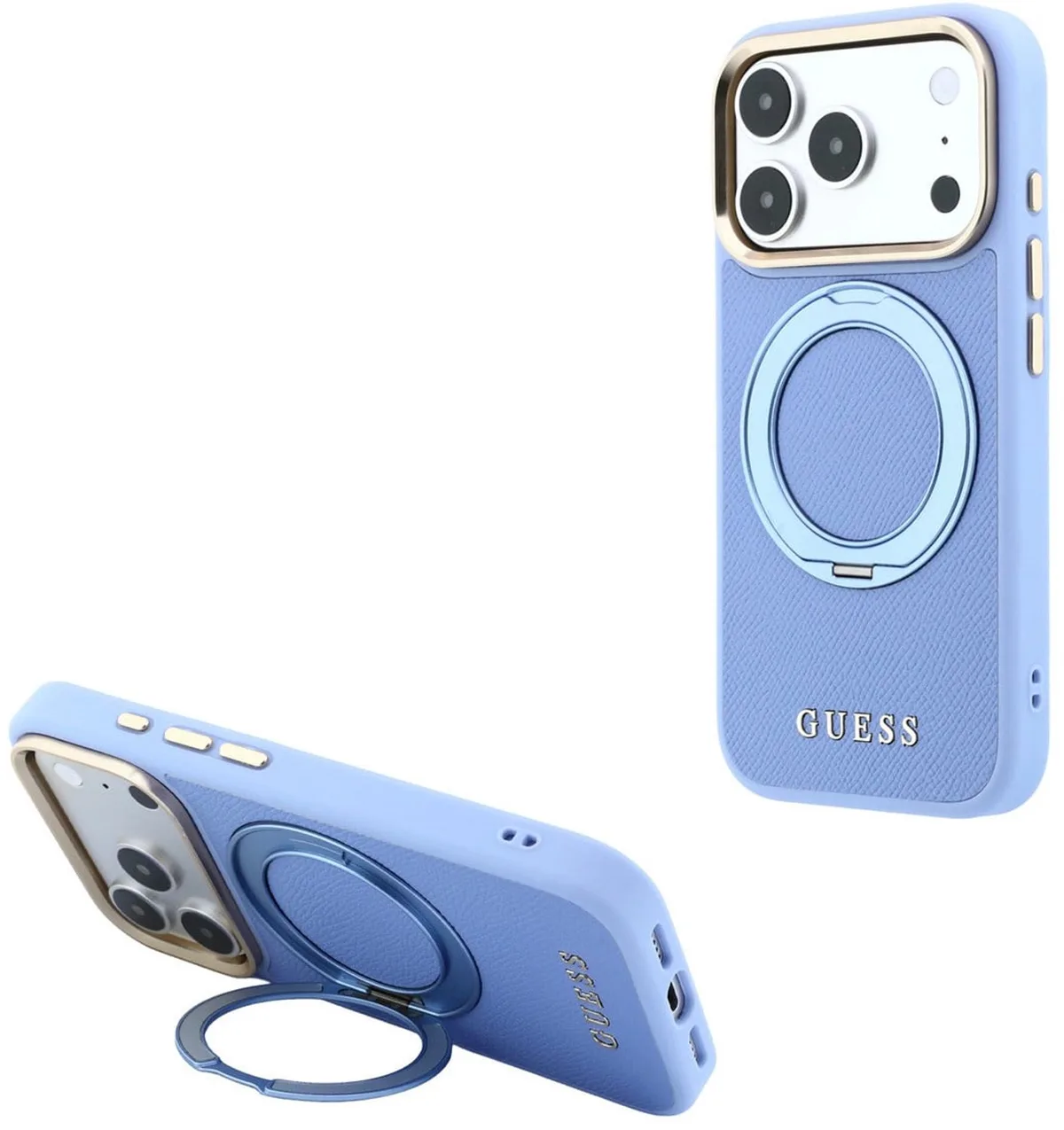 telefoonhoesje voor iPhone 18 Pro - harde behuizing - MagSafe - ringhouder van Guess in Lichtblauw – productfoto