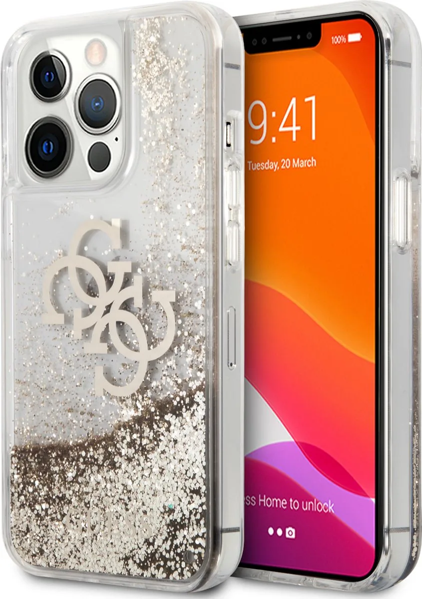 Transparant hoesje van Guess - Hardcase Backcover - geschikt voor iPhone 13 Pro - Big 4G Logo - Gold Liquid Glitter von Guess in Gold, Gelb – Produktfoto
