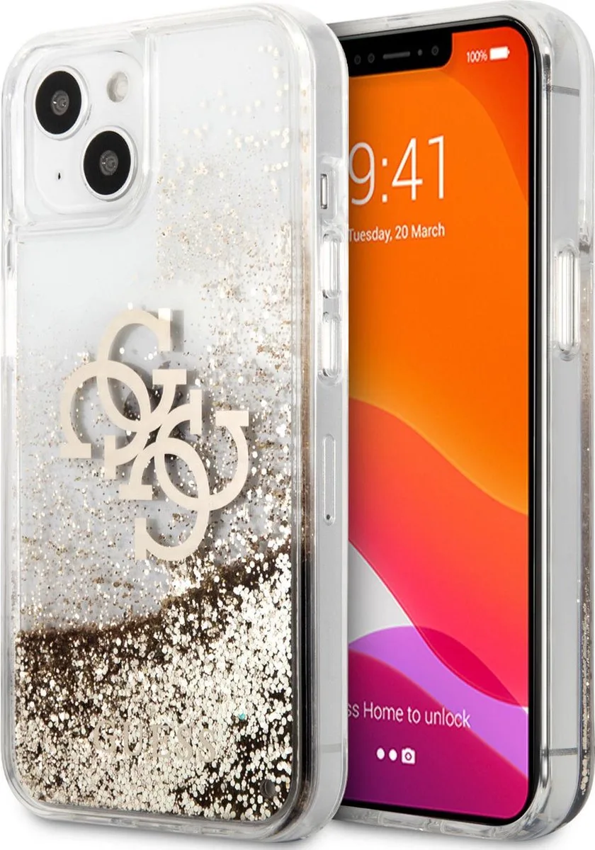 Transparant hoesje van Guess - Hardcase Backcover - iPhone 13 Mini - Big 4G Logo - Gold Liquid Glitter de Guess en Or – photo produit