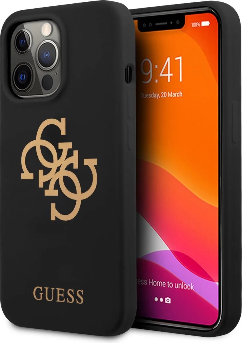 Zwart hoesje van Guess - Hardcase Backcover - iPhone 13 Pro - Gold 4G Logo von Guess in Gold, Gelb – Produktfoto