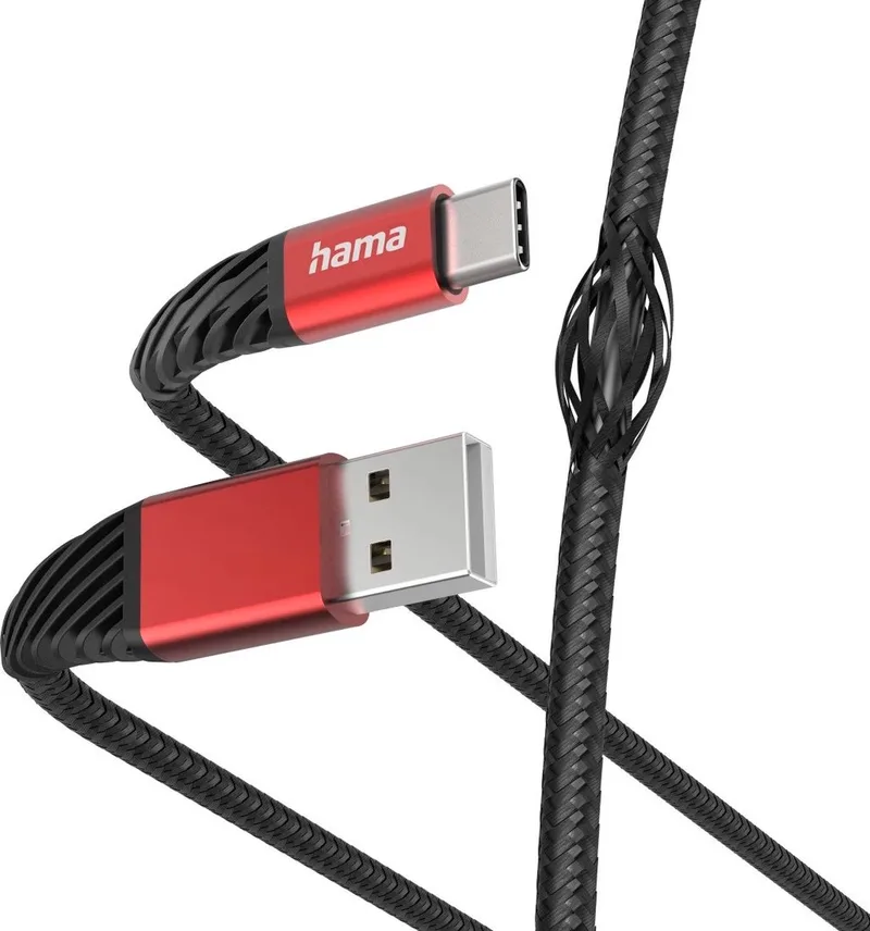 Extreme USB-C naar USB-A Kabel - Oplaadkabel geschikt voor iPhone / Samsung - Dupont Kevlar / nylon materiaal - 3A USB 2.0 - 480Mbps - 150cm - Zwart/Rood by Hama in Black – product photo