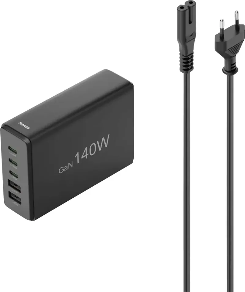 hama 00201978 USB-Ladestation 5 Ports, GaN, Schnellladegerät, 3xUSB-C, 2xUSB-A, PD, 140 W von Hama – Produktfoto