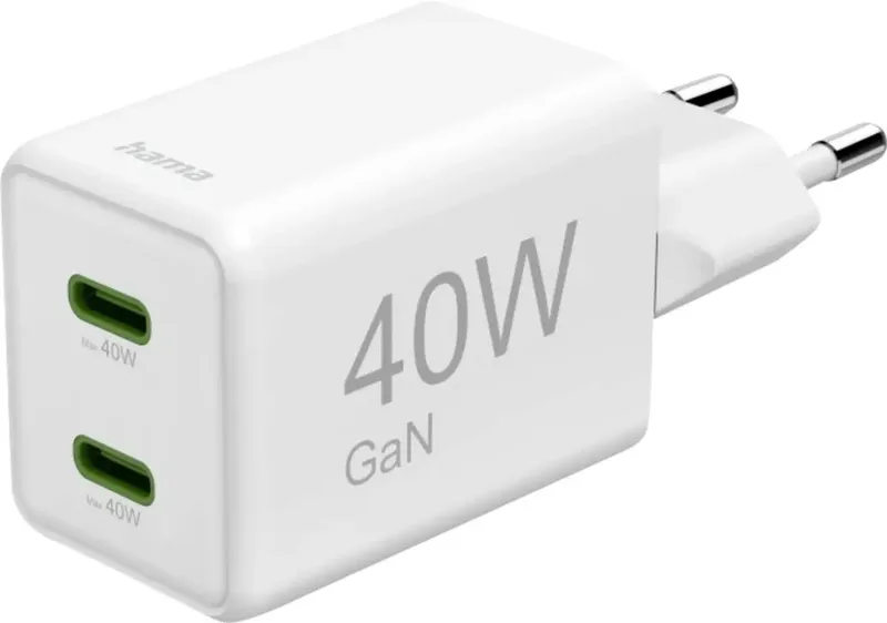 hama 00201989 Schnellladegerät, GaN, 2x USB-C, Super-Mini-Ladegerät, PD, 40 W, Weiß by Hama – product photo