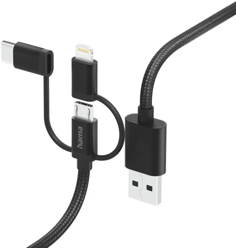 Hama 3-in-1 Multi-Oplaadkabel - USB-A naar USB-C / Lightning / Micro USB - MFI gecertificeerd - Geschikt voor o.a. iPhone, Samsung - 3A USB2.0 - 480Mbps - 150cm by Hama in Black – product photo