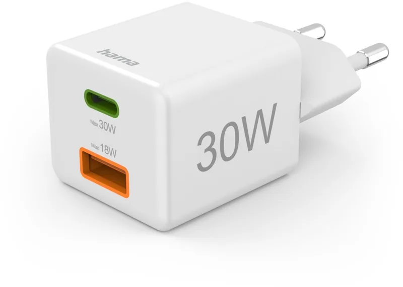 Hama 30W Snellader - 1x USB-C PD, 1x USB-A QC - mini by Hama in White – product photo