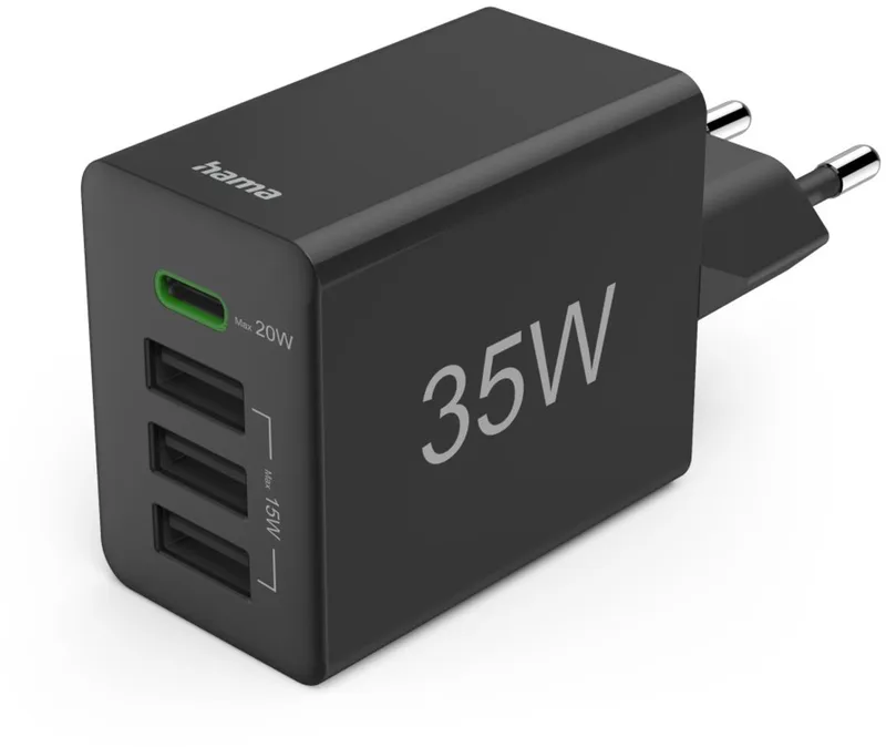 Hama 35W Snellader - 1x USB-C PD, 3x USB-A QC - mini by Hama in Black – product photo