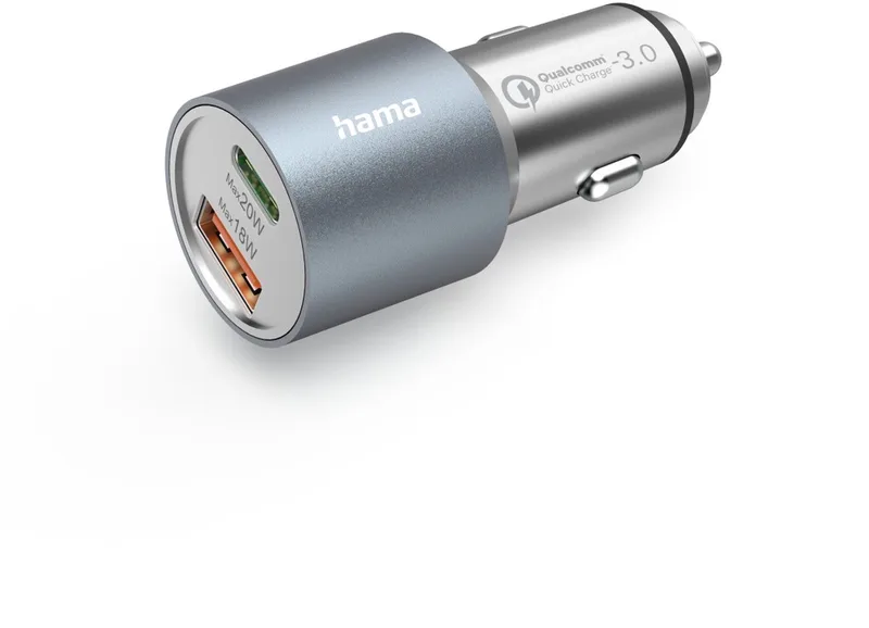 Hama 38W Auto oplader - 1x USB-C PD, 1x USB-A QC von Hama in Silber – Produktfoto