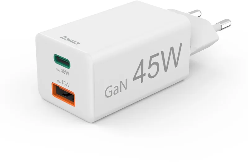 Hama 45W Snellader - 1x USB-C PD, 1x USB-A QC - mini by Hama in White – product photo