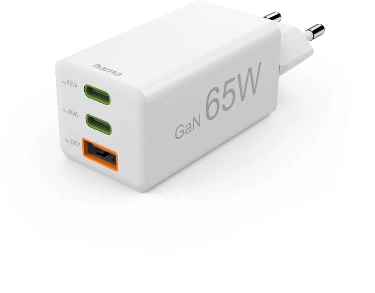 Hama 65W GaN Snellader - 2x USB-C PD, 1x USB-A QC - mini fra Hama i Hvid – produktbillede